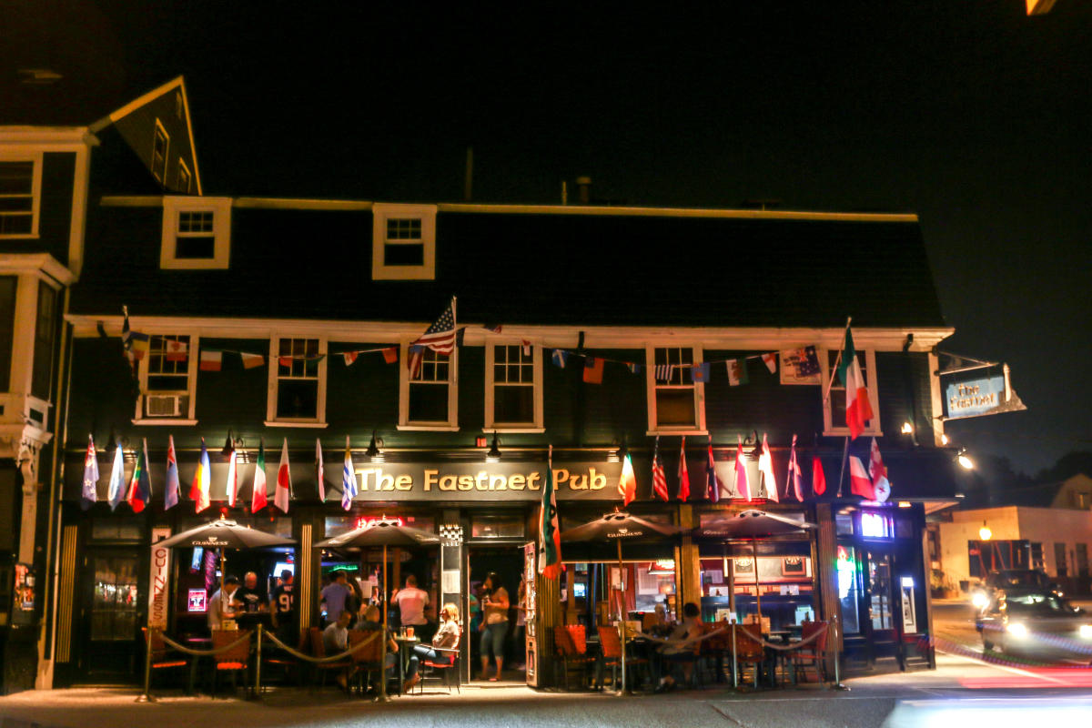 Fastnet Pub Front entrance at night in Newport, RI