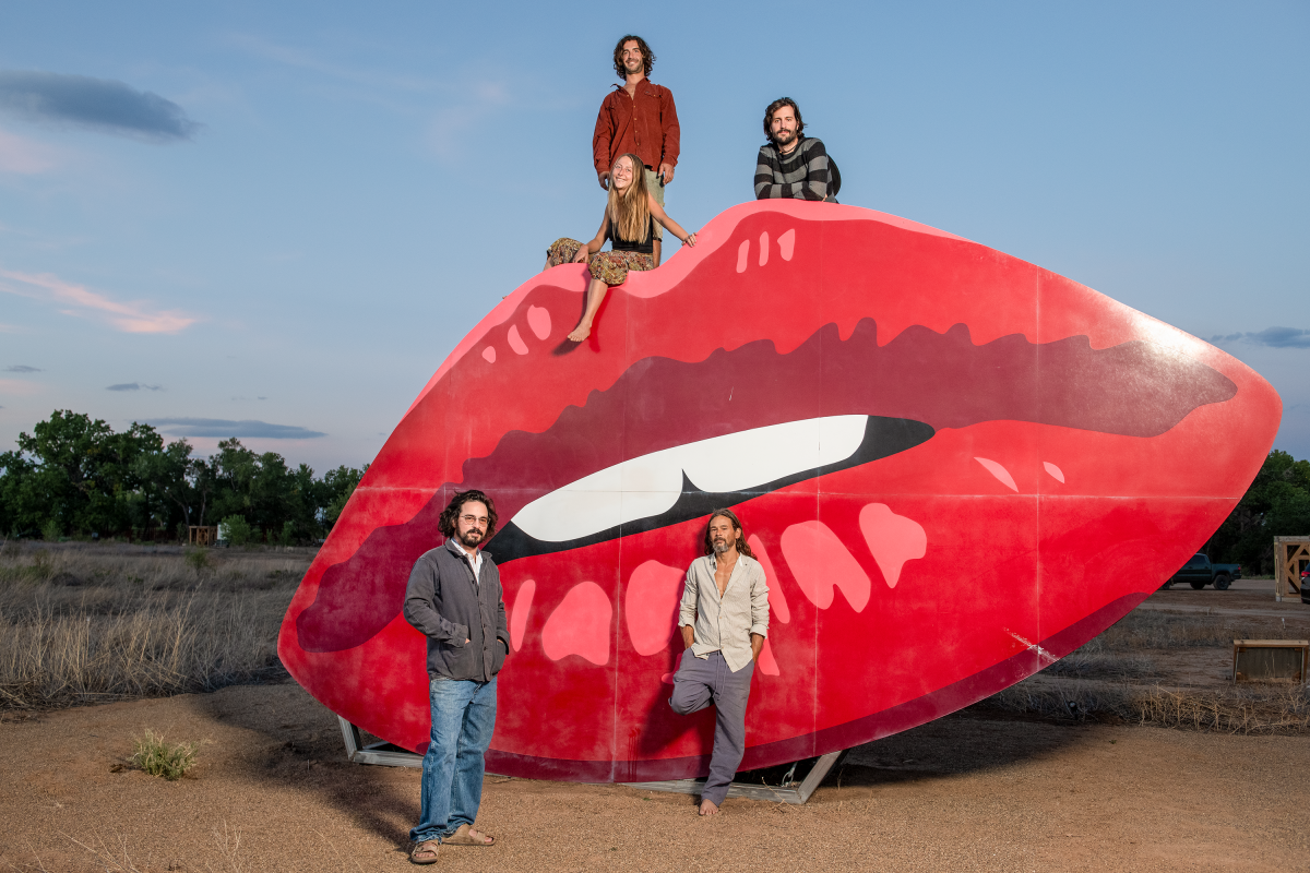 Builders Matty Mo, Nadine Reppert, Ian Warner, Kevin Losani, and Nate Uyeda with fnnch’s Lips Sculpture.