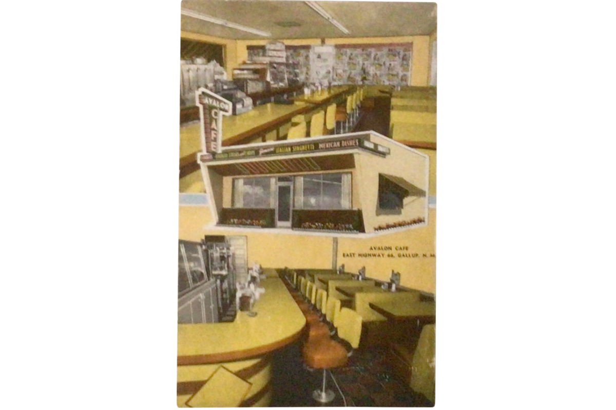 A vintage postcard-style collage shows the exterior and interior of the Avalon Café, featuring a yellow diner counter with stools, booth seating, and a small building with a sign reading “Avalon Café” on historic Route 66 in Gallup, New Mexico.