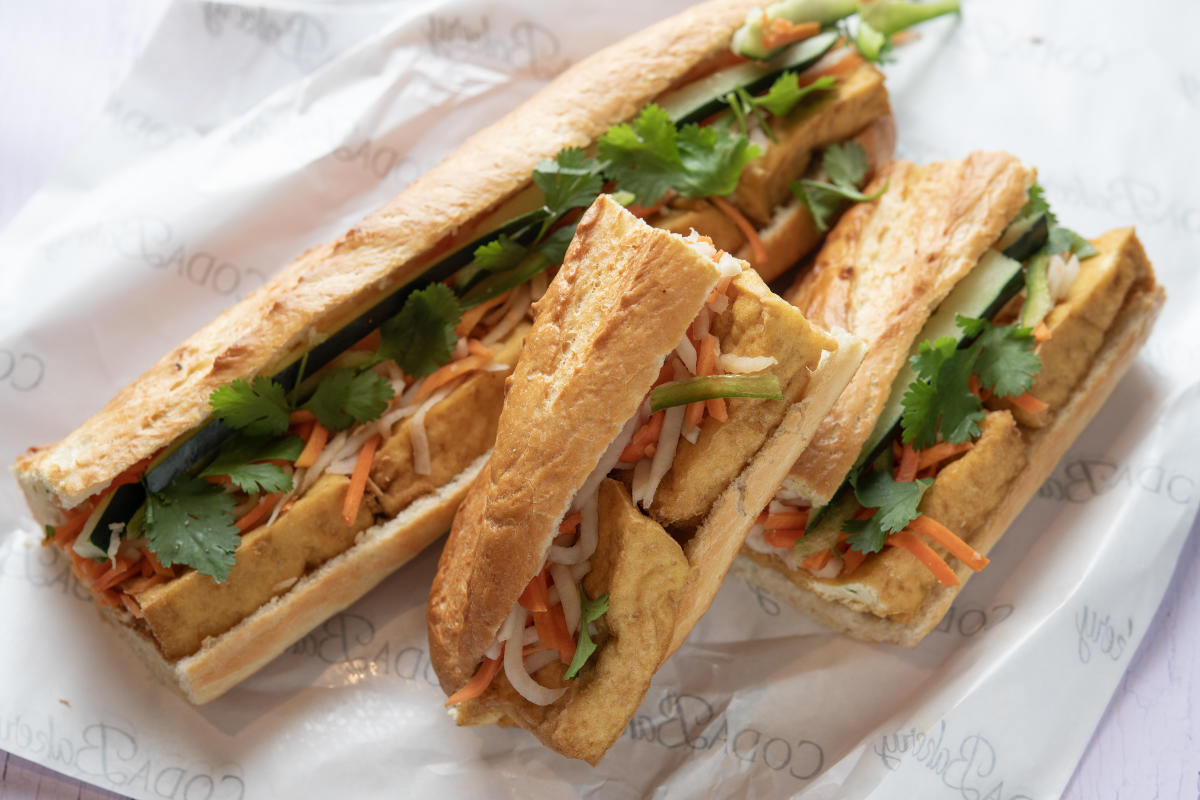 Fresh tofu bành mi with crisp veggies and house-made baguette.