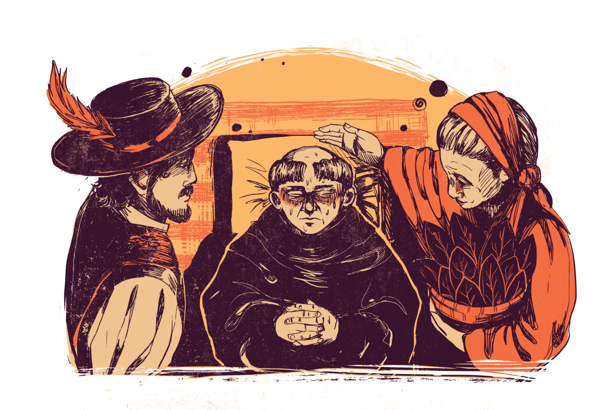 Illustration of a priest with folded hands, flanked by a man in a feathered hat and a woman in a headscarf, set against an orange background.