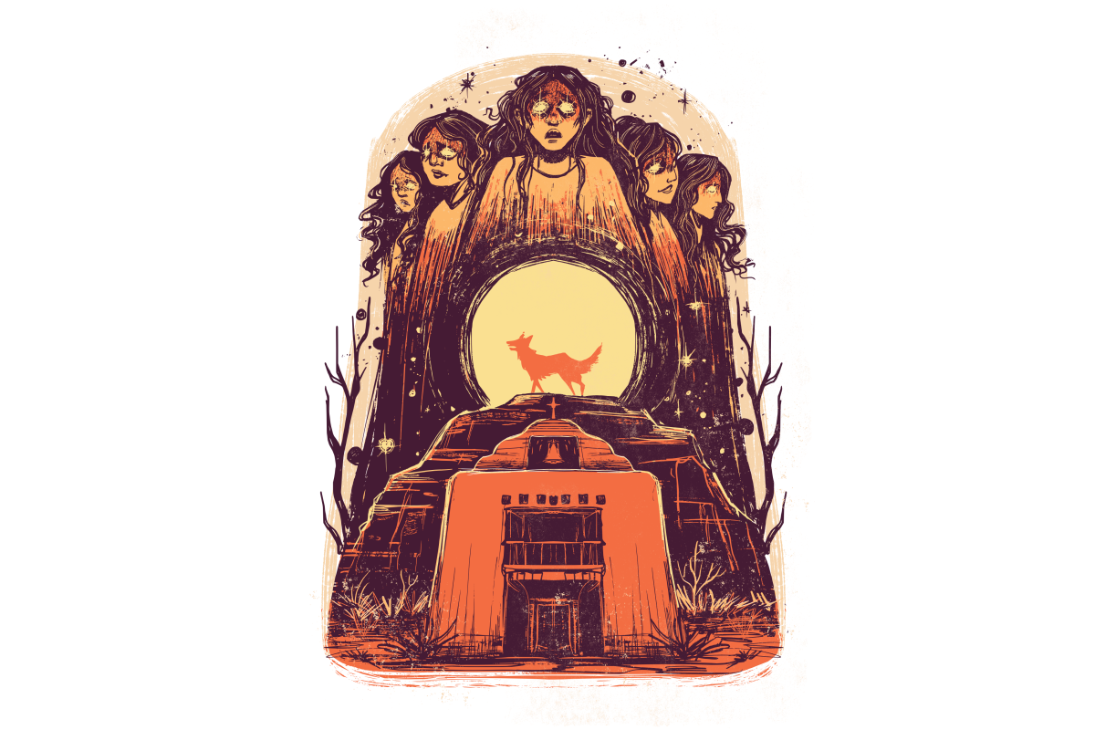 Illustration of seven figures around a glowing circle with a wolf silhouette, under a starry sky.