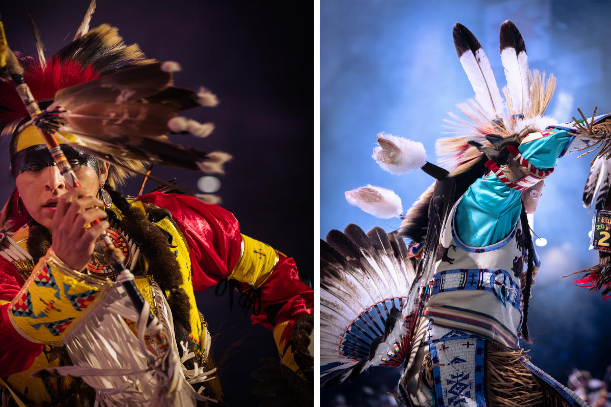 Athletic Fancy Dance competitors wear elaborate regalia. Gus McDonald, of Oklahoma’s Ponca Hethuska Society, invented the dance in the 1920s, based on a War Dance.