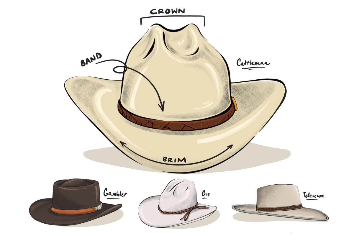 A diagram of a cowboy hat with labels for the crown, band, and brim. There are four types of hats illustrated: Cattleman, Gambler, Gus, and Telescope.