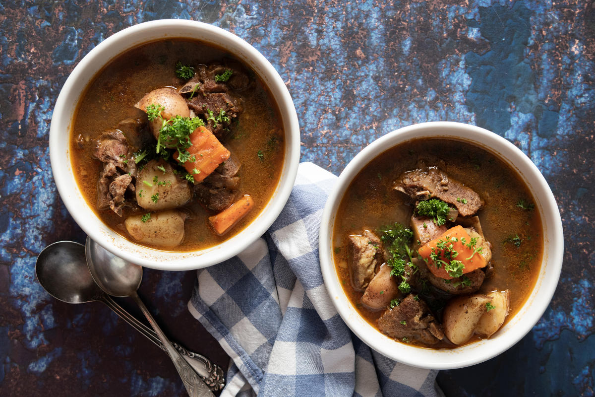 Tender goat stew simmered with warm Caribbean spices and vegetables.