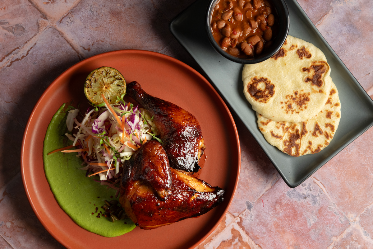 Smoked chicken glazed with red chile honey and served with fresh tortillas and beans.
