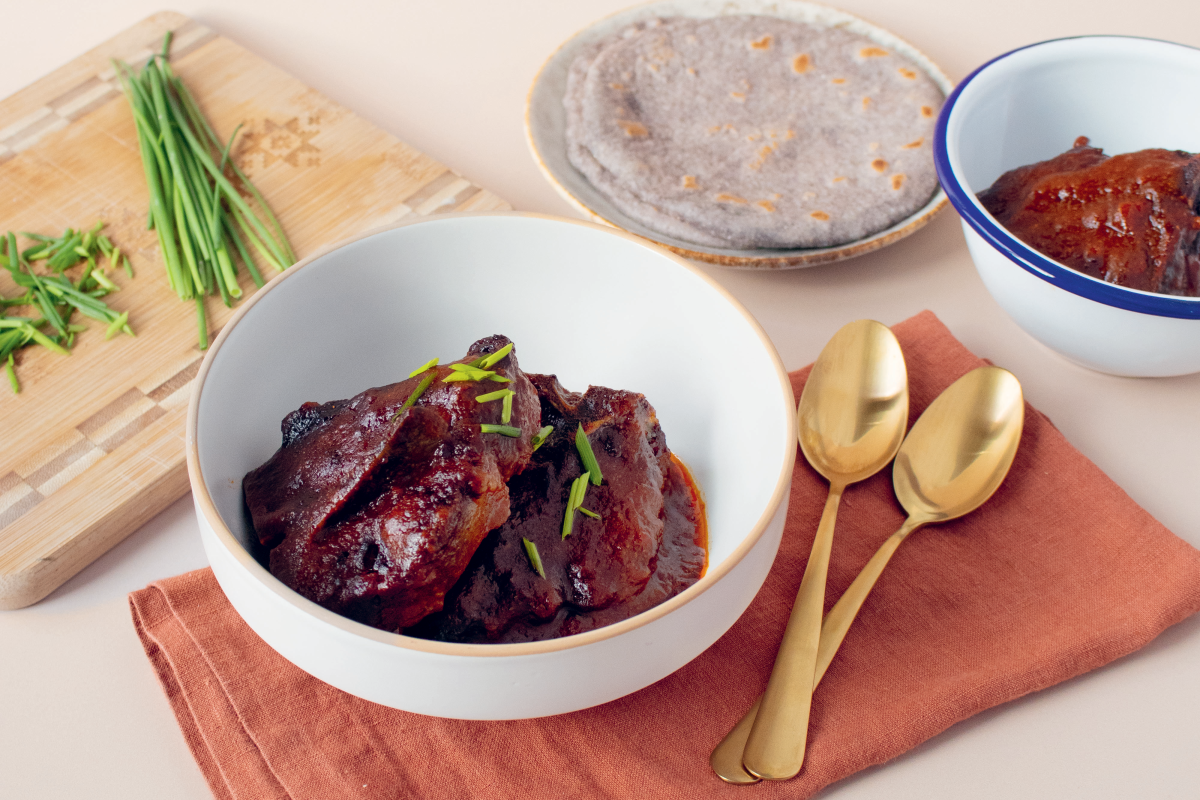 Azeedích'ííłchí'í Dibé Bitsį' Ak'ah Bii' Yizaazgo Bee Shibéezhí (Braised Chile Mutton Stew) from Alana Yazzie's cookbook The Modern Navajo Kitchen.
