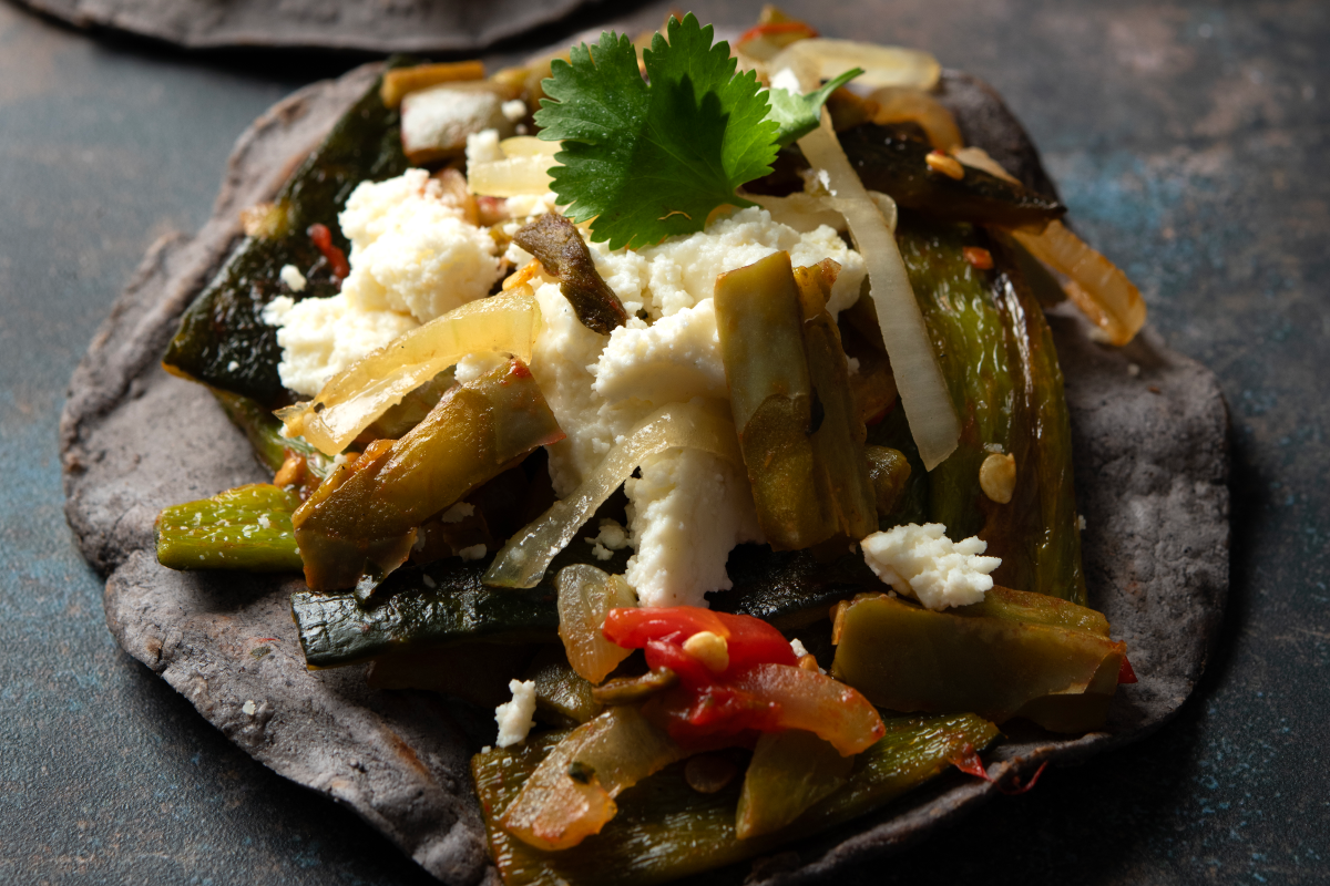 NOPALES RAJAS TACOS WITH BLUE CORN TORTILLAS