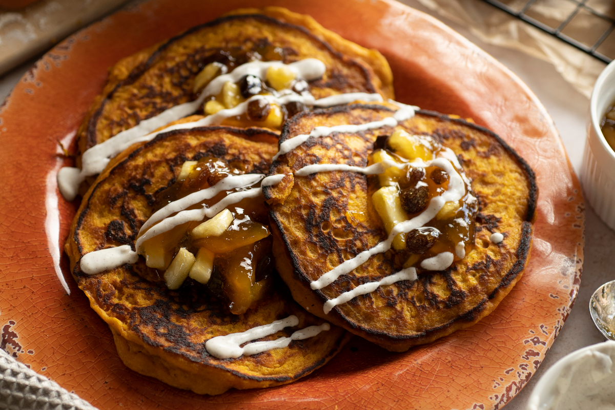 Savory Pumpkin and Apple Griddle Cakes with Chutney and Crème Fraîche