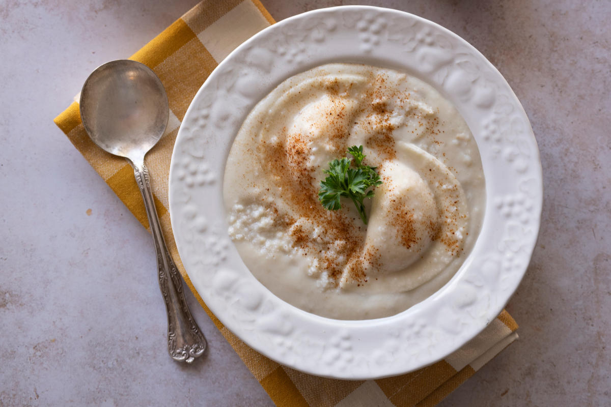 Crab soup with pierogi.