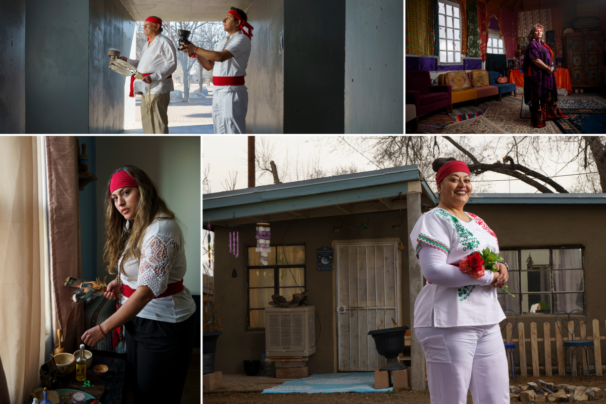 Collage of four scenes: two men with red headbands performing a ritual, two women with traditional clothing in colorful rooms, and a smiling woman holding flowers outside a house.