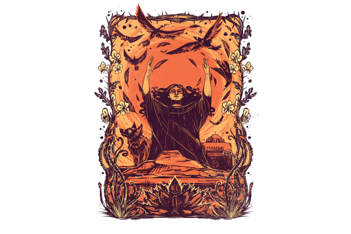 An illustration shows a figure in a dark cloak raising arms amidst swirling birds.