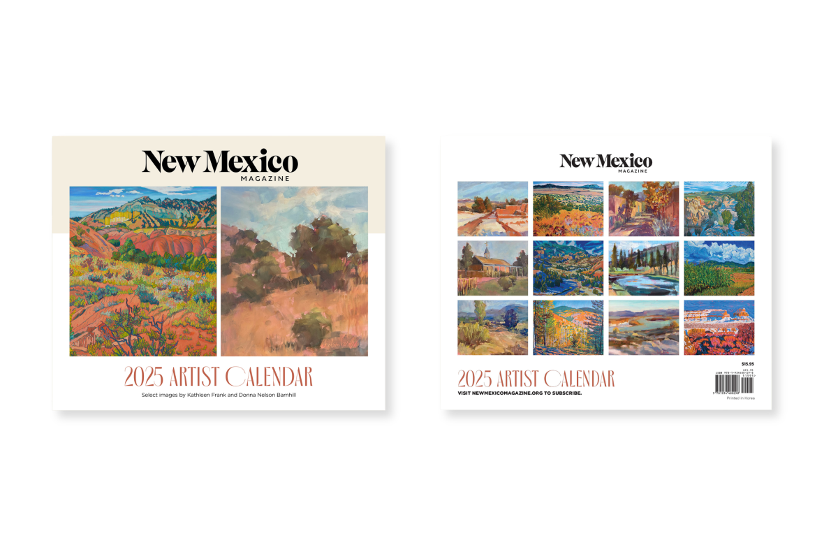 Two covers for a 2025 artist calendar featuring colorful New Mexico landscape paintings.