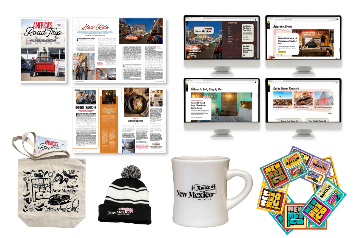 Collage of Route 66–themed magazine pages, website screens, and branded merchandise.
