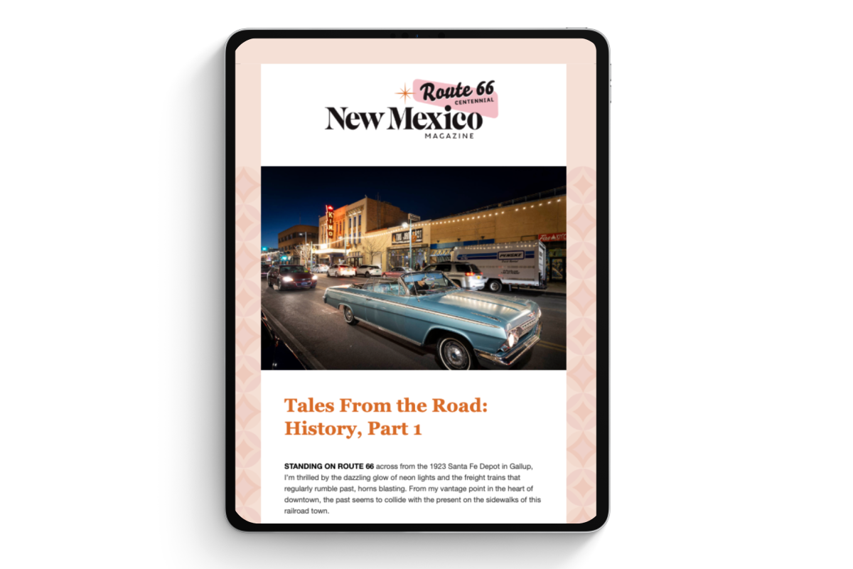 Tablet display showing a Route 66 New Mexico Magazine newsletter with a nighttime downtown street scene.