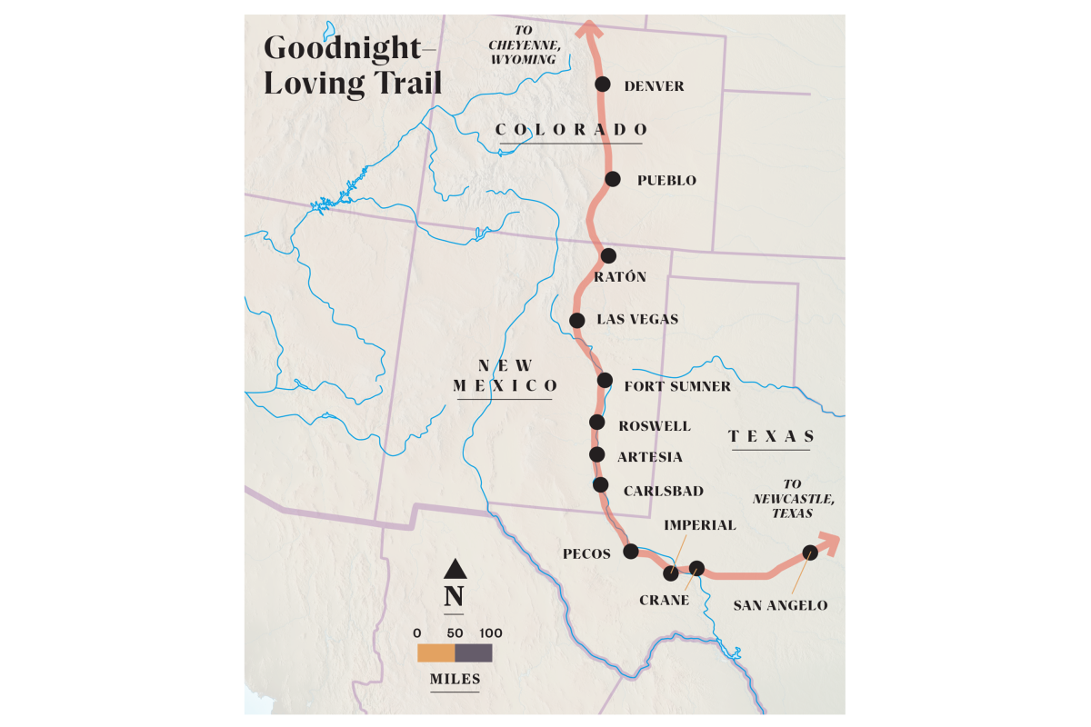 Map of the Goodnight–Loving Trail showing a route from Texas through New Mexico and Colorado, with marked stops including Pecos, Roswell, Las Vegas, Raton, Pueblo, and Denver."