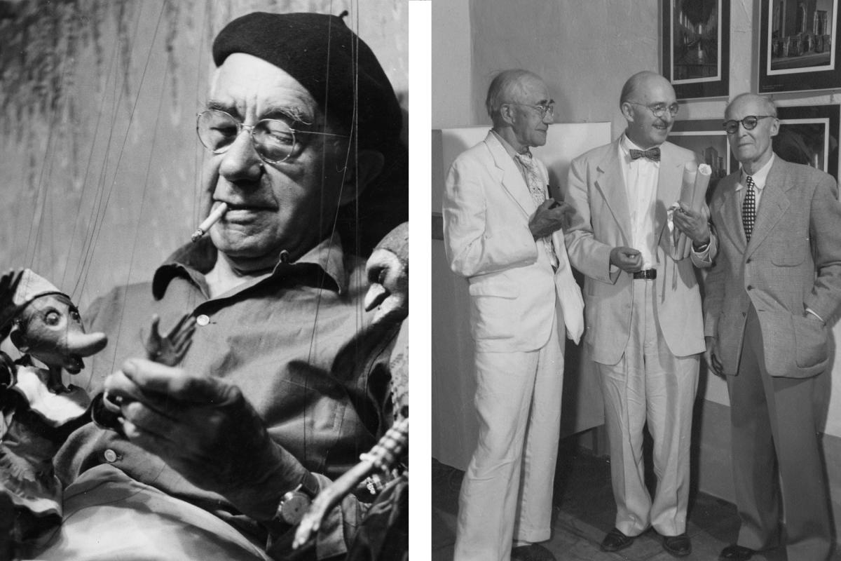 Baumann with hand-carved marionettes & Gustave Baumann, architect John Gaw Meem, and artist Ernest L. Blumenschein.