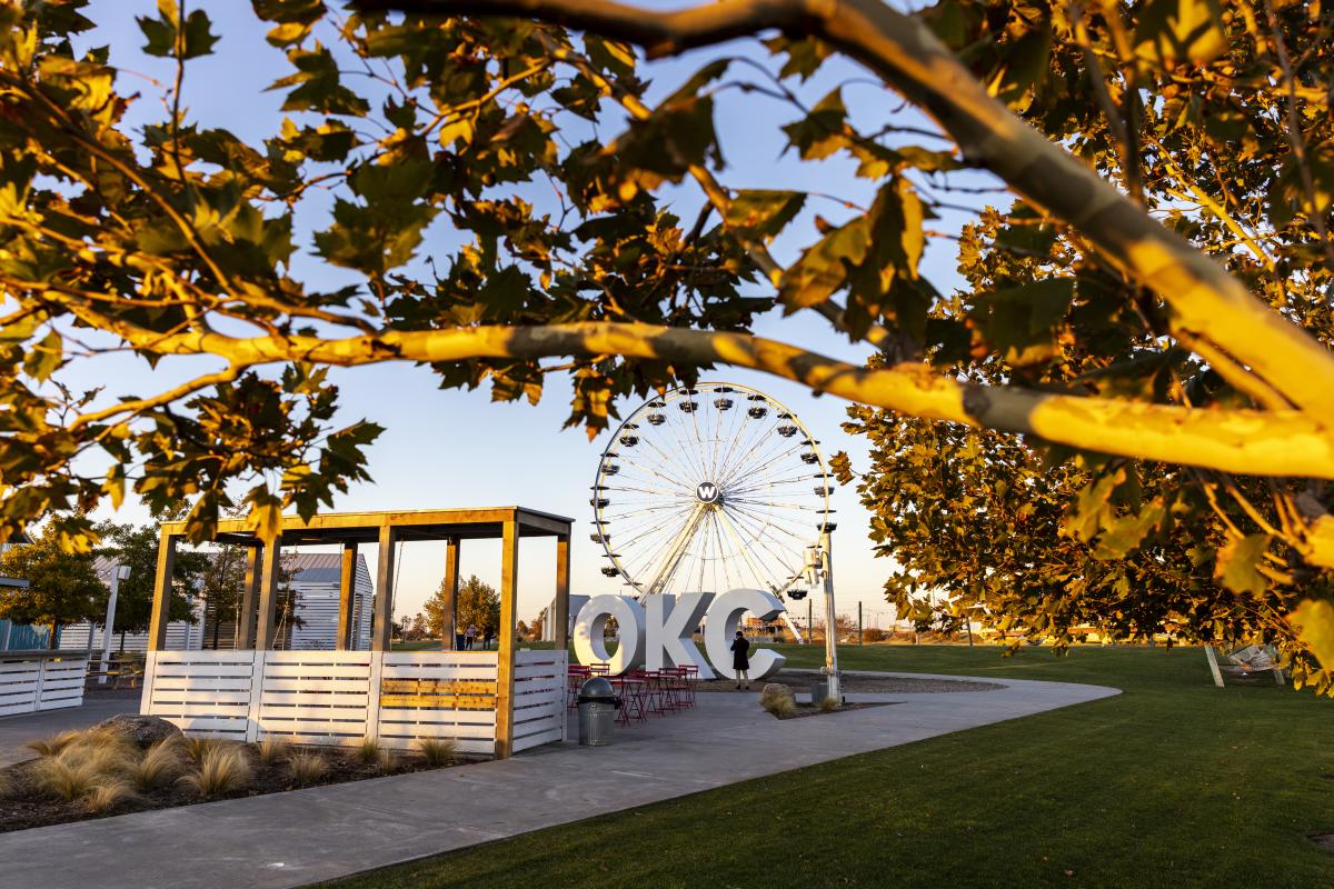 Fall leaves in the Wheeler District, in the background is an OKC sign and the Wheeler Ferris Wheel