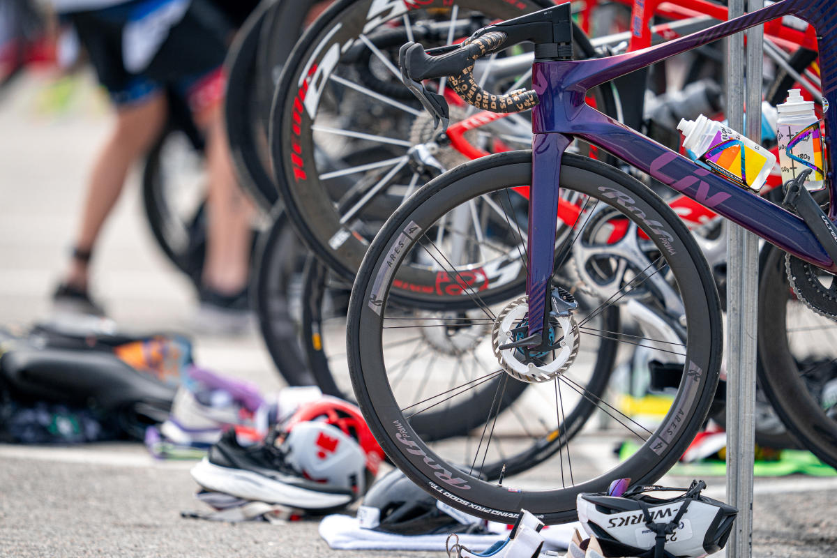 Bicycles parked ready to be used in triathlon race.