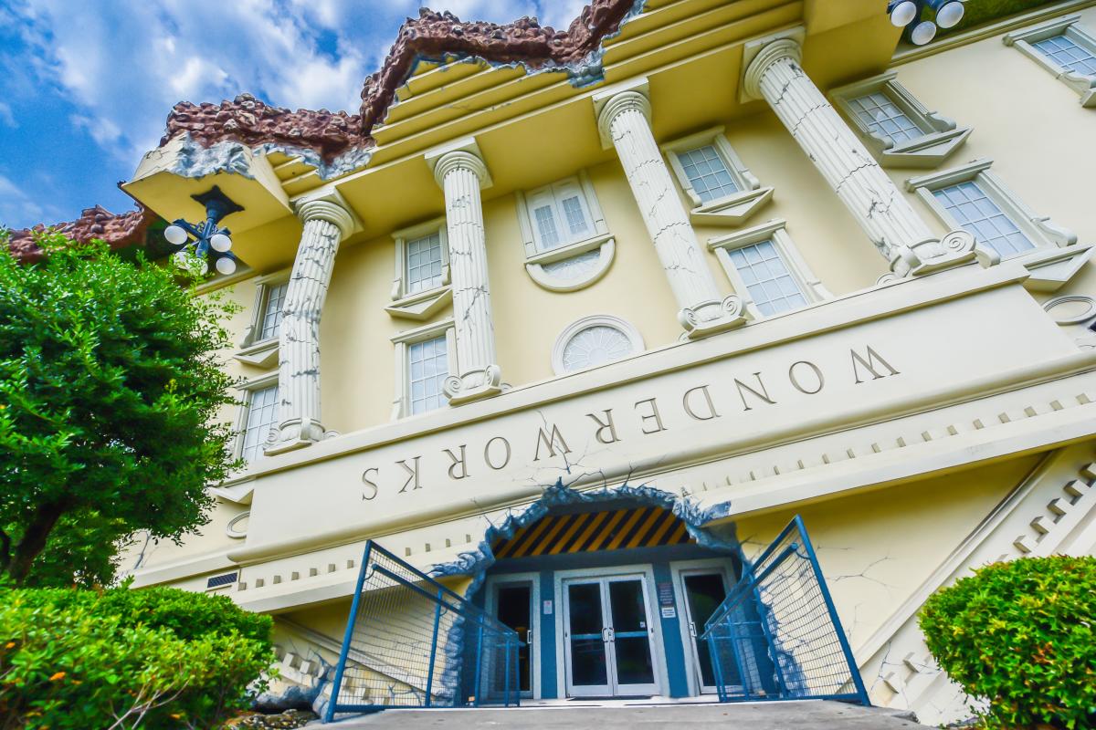 A closeup view of the front entrance to the WonderWorks attraction in Orlando, Florida.