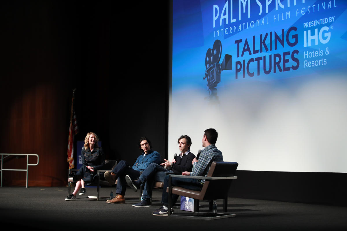 Laura Dern and Adam Driver sit on stage and participate in a Talking Pictures program during the 2020 Palm Springs International Film Festival.