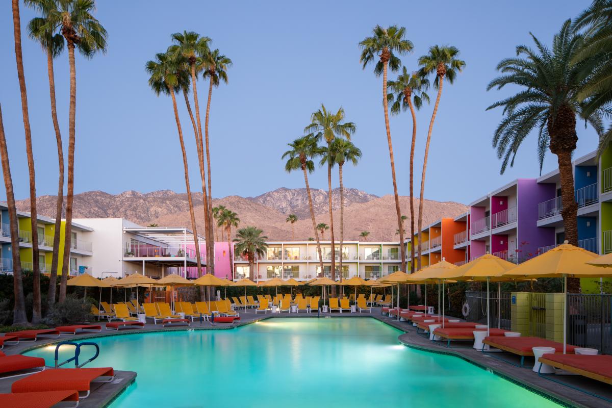 The pool area with the San Jacinto Mountains in the background at The Saguaro in Palm Springs