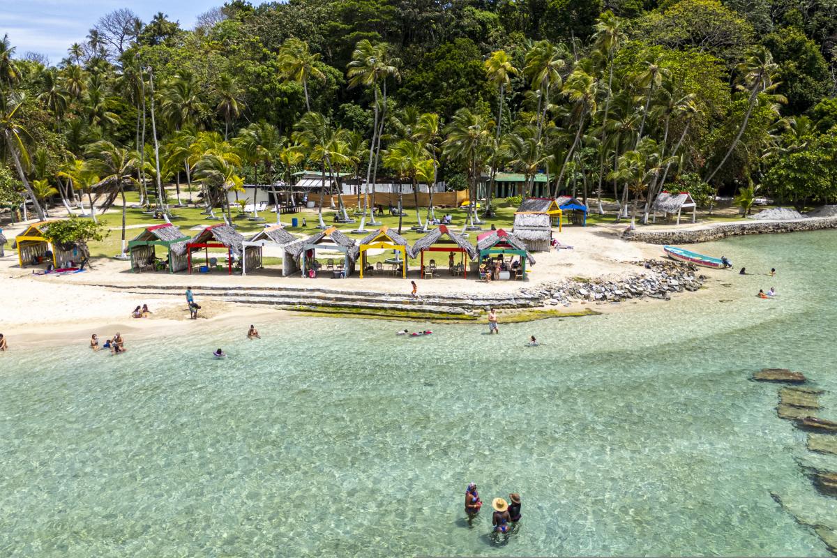 Aerial view of Isla Mamey with crystal-clear waters in Portobelo, Panama