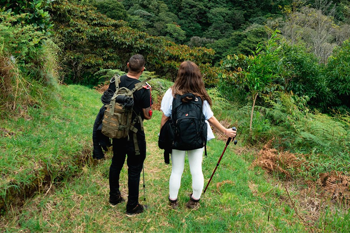 Pareja haciendo senderismo entre cafetales en Tierras Altas Panamá