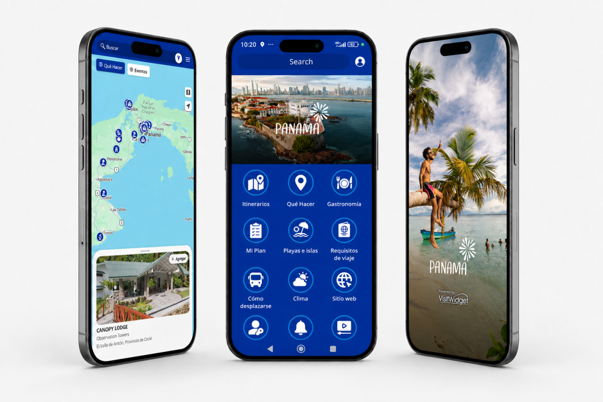 Pantallas de la aplicación móvil Visit Panamá con mapas, destinos e itinerarios de viaje