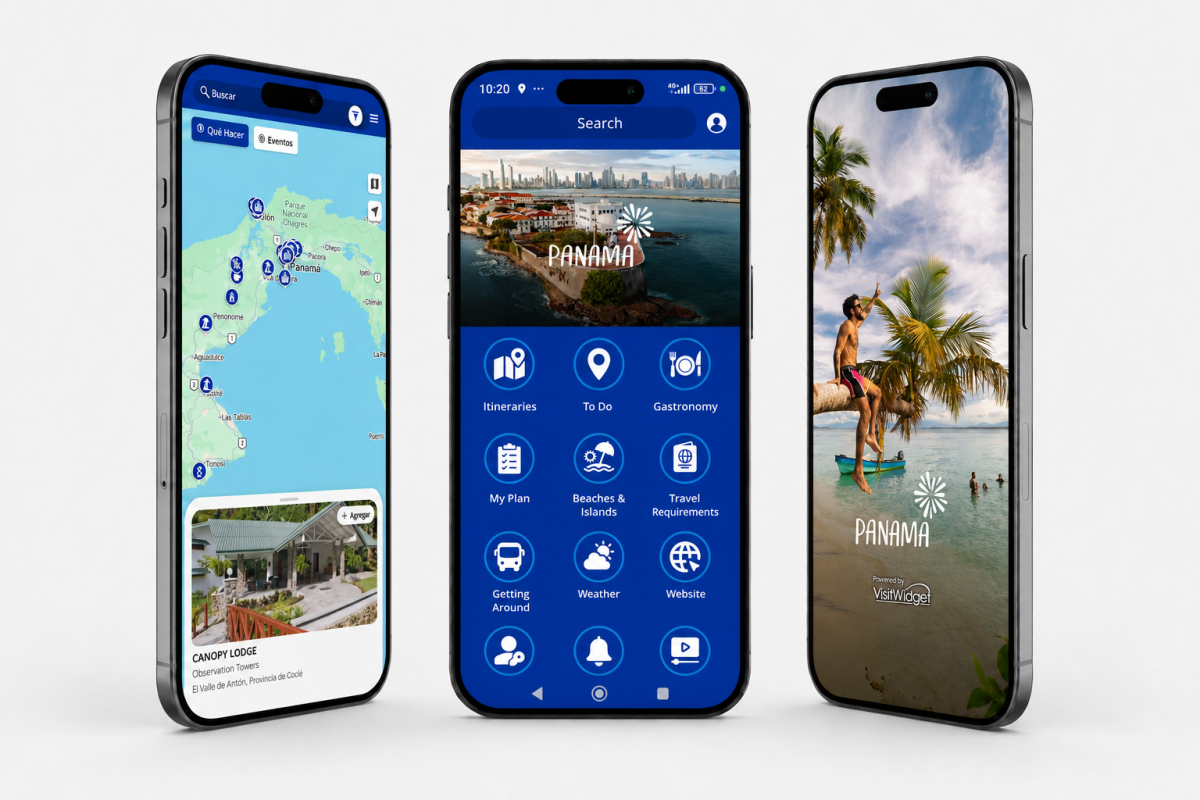 Screens of the Visit Panama mobile app featuring maps, destinations, and travel itineraries.