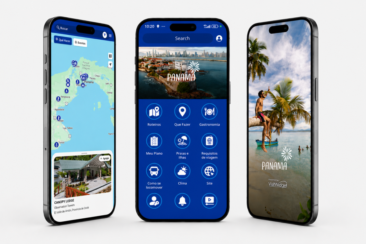 Telas do aplicativo móvel Visit Panamá com mapas, destinos e roteiros de viagem.