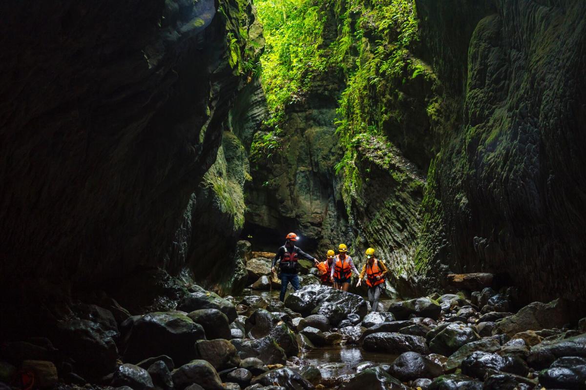 A group of tourists with a guide, wearing safety gear, are walking inside the Bayano Cave. They walk along the riverbed, navigating the rocks, while appreciating the abundant vegetation within the cave.