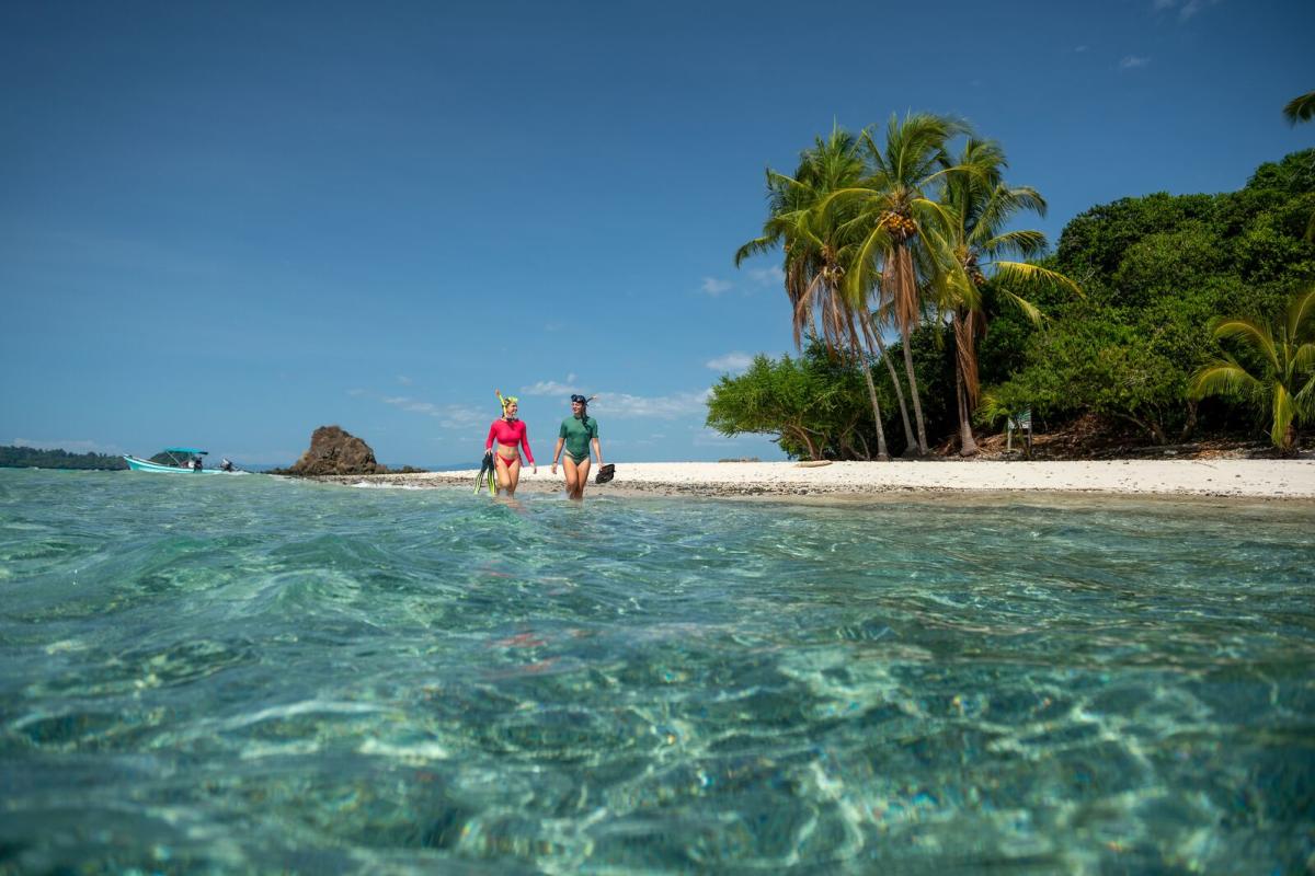 View of a tropical Pacific beach in Panama with clear waters and palm trees