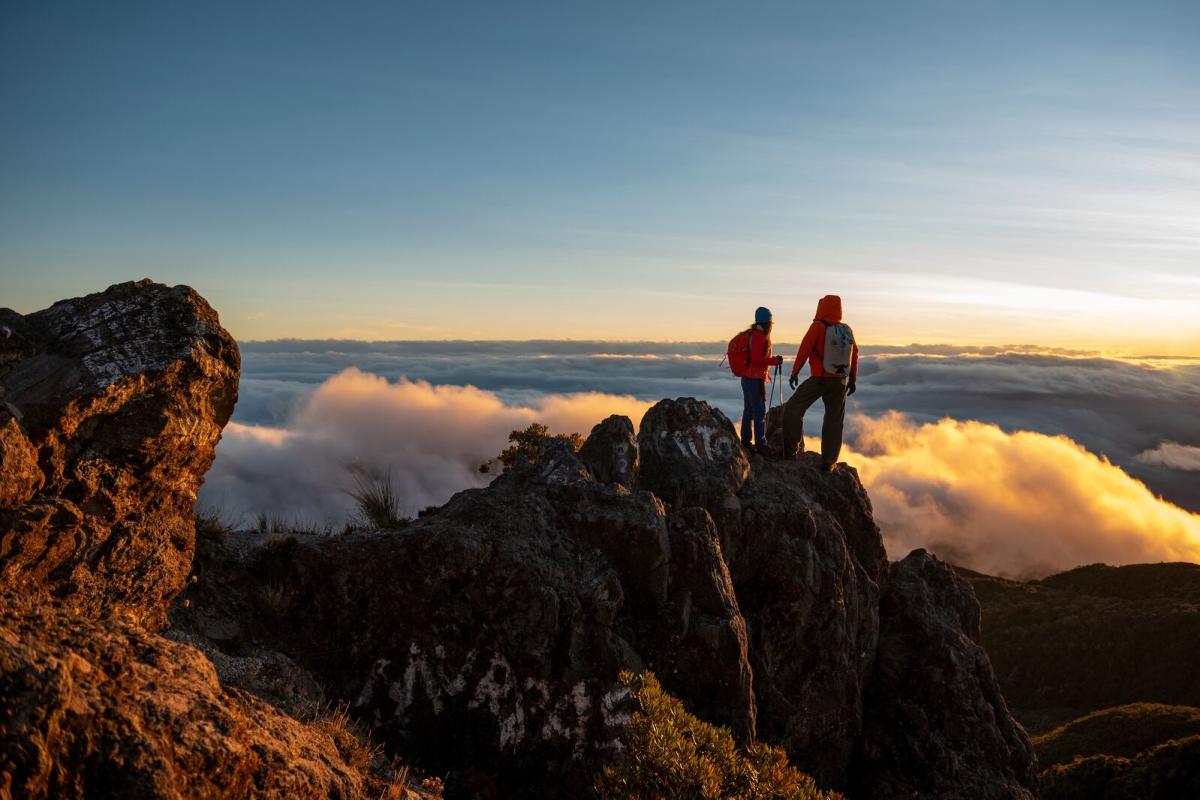 Hikers at the summit of Volcán Barú at sunrise above a sea of clouds