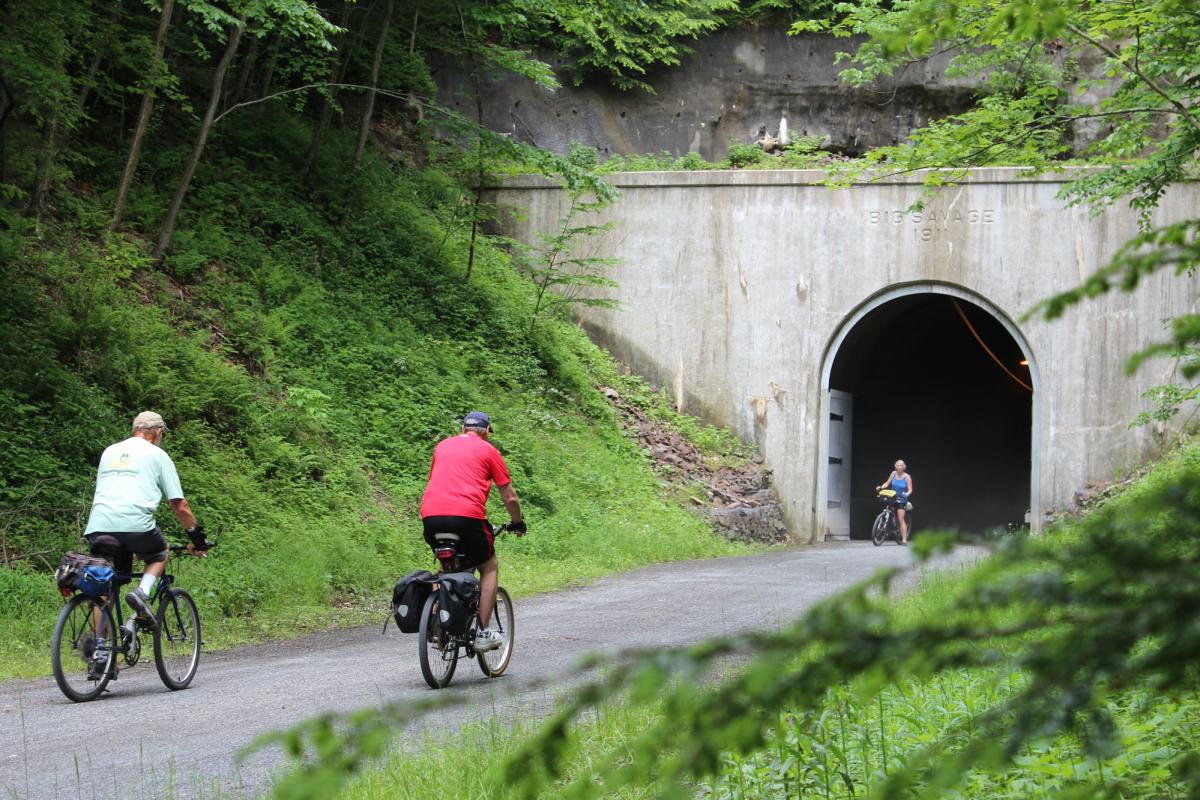 biking through Big Savage Tunnel