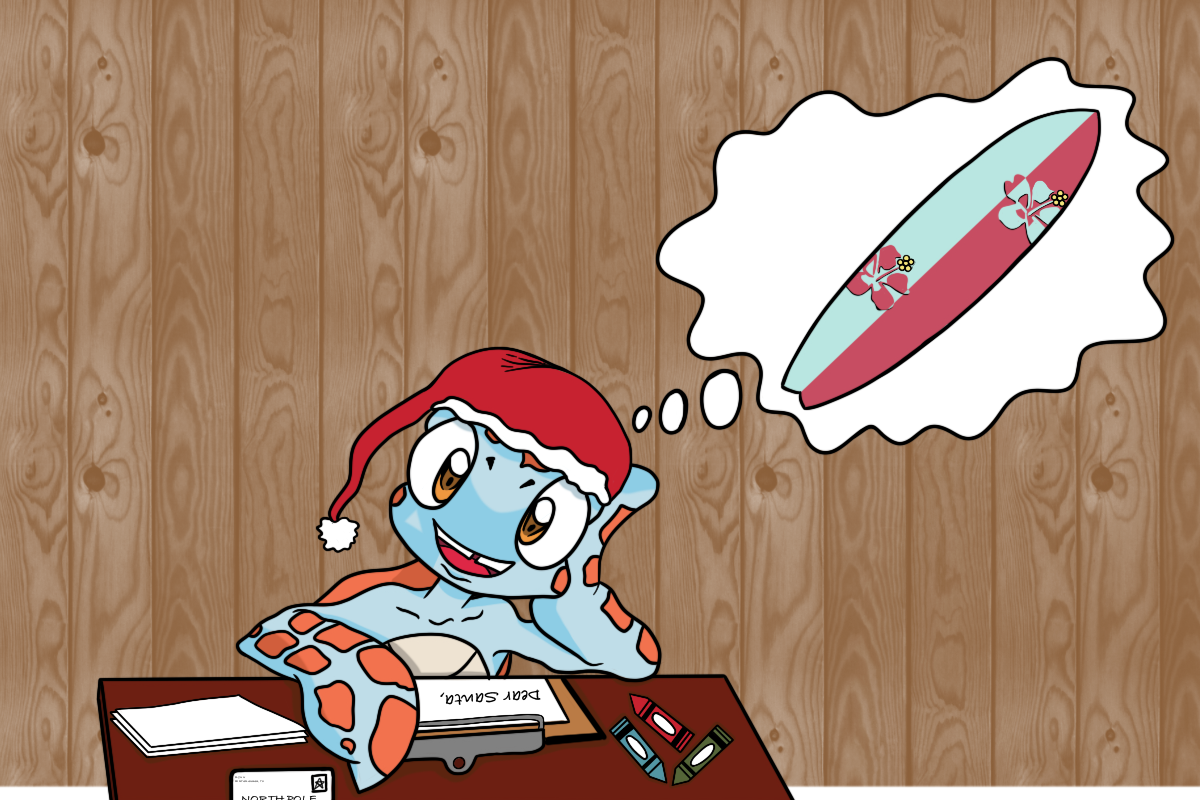Flynn the turtle sitting at a table in a santa hat. He has a thought bubble with his dream surfboard in it.