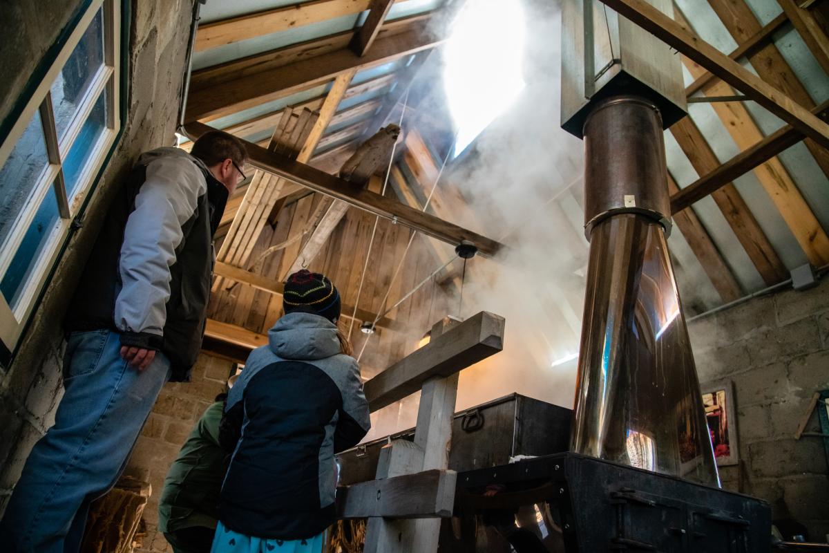 A cozy sugar shack with wooden walls and an open-beam ceiling fills with steam from a maple syrup evaporator. Two people, bundled in winter clothing, stand nearby, watching the process. A metal chimney pipe reflects the warm light, adding to the rustic atmosphere