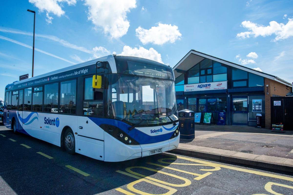 Photograph of the Hoverbus outside the Hovertravel terminal in Southsea