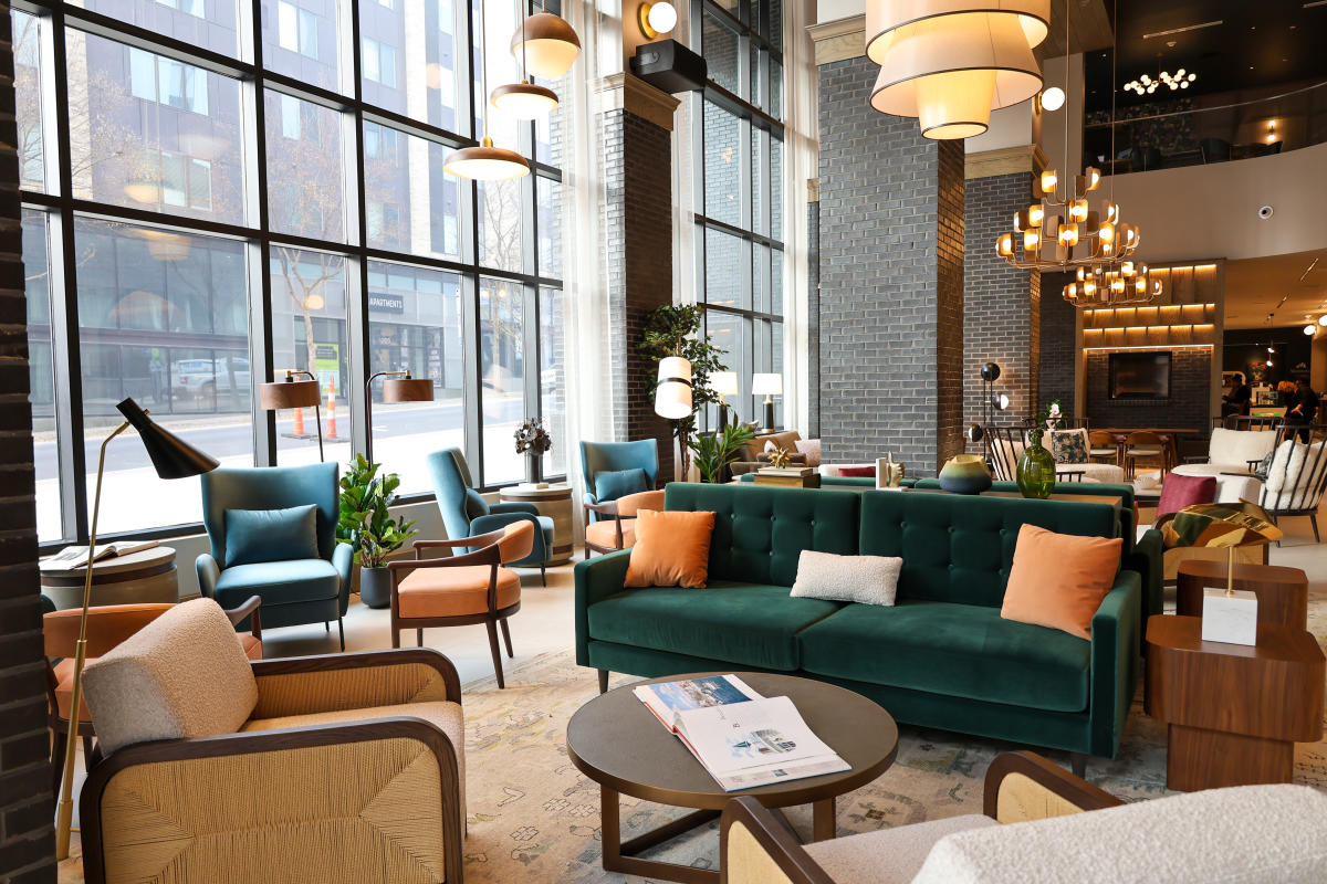 Sun-soaked lobby of the new Dual Brand Tempo Homewood Suites hotel in downtown Raleigh