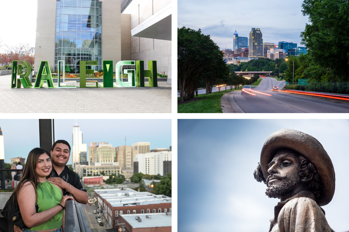 Collage of photos with RCC Raleigh Sign; Skyline view from Saunders St.; La Terrazza couple view; Sir Walter Statue