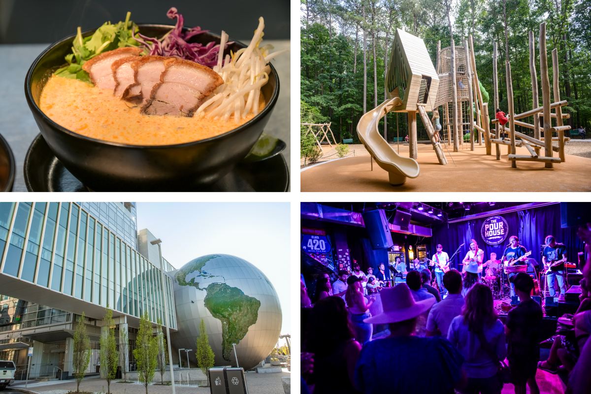 Collage of raleigh photos including in order: Bowl of ramen; playground; globe at N.C. museum of natural science; show at The Pour House