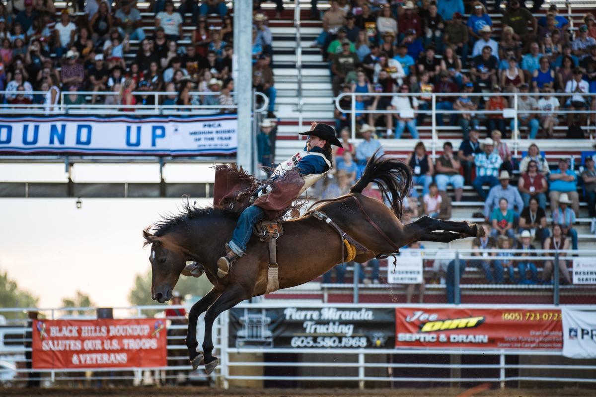 Surrounded by an arena filled with thousands of spectators, a cowboy raises his left hand while riding a chocolate brown bucking bronc who is mid-leap.