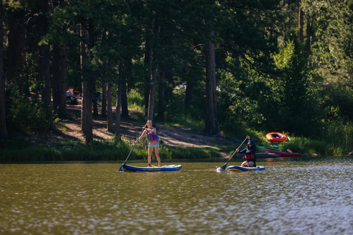 Two people paddleboard on a calm lake with a forest backdrop. One stands confidently while the other kneels. Bright, sunny day with a peaceful vibe.