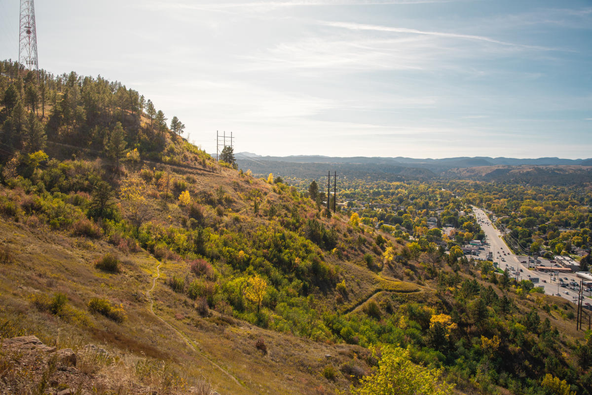 Hillside view of a cityscape in autumn, with green and brown foliage under a clear blue sky. Power lines and a road stretch toward distant hills.