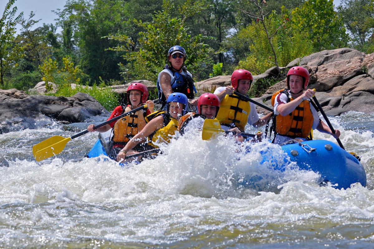 Group of people rafting on the James River near Richmond, VA