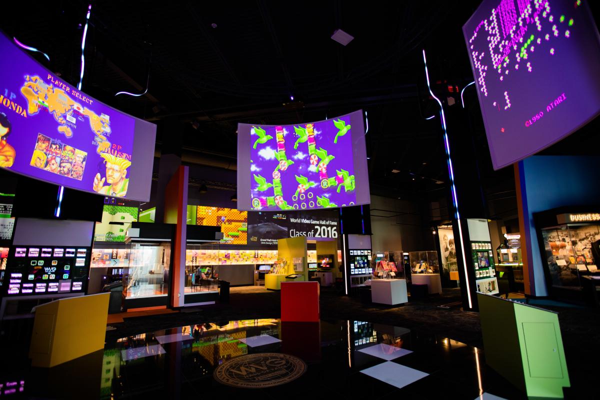 Video game screens in the High Score Exhibit at The Strong National Museum of Play