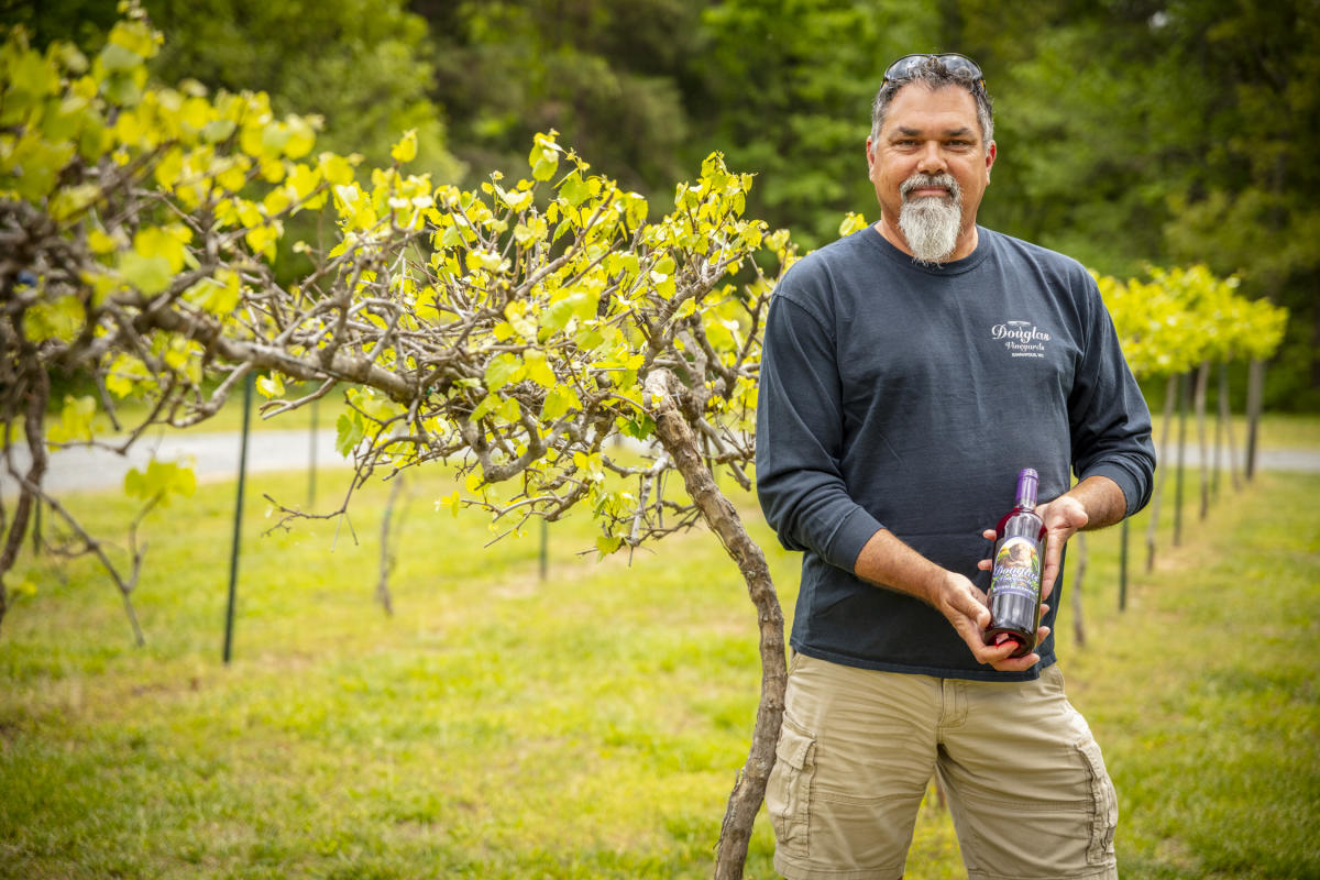 Man holding wine bottle in vineyard