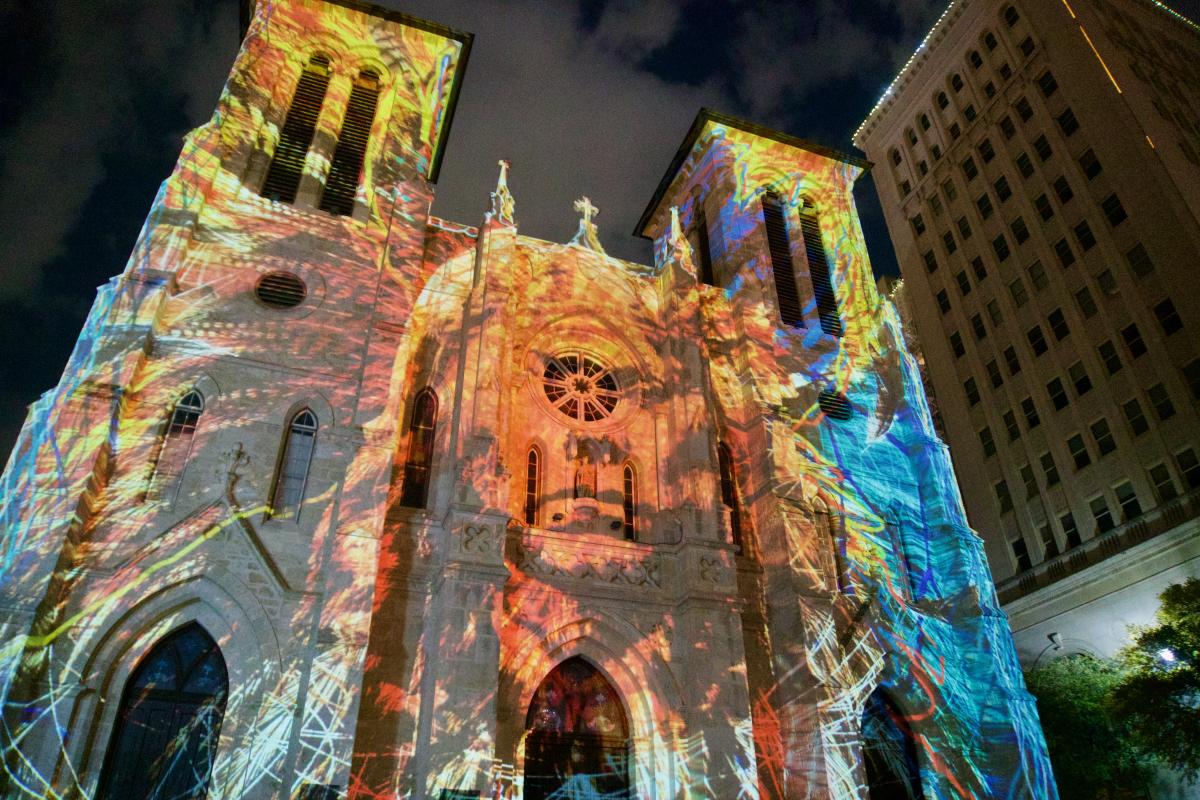 Light show projected onto San Fernando Cathedral