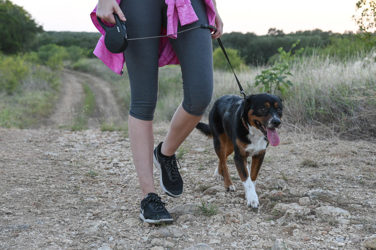 Woman on trail at Purgatory Creek Natural Area with dog.
