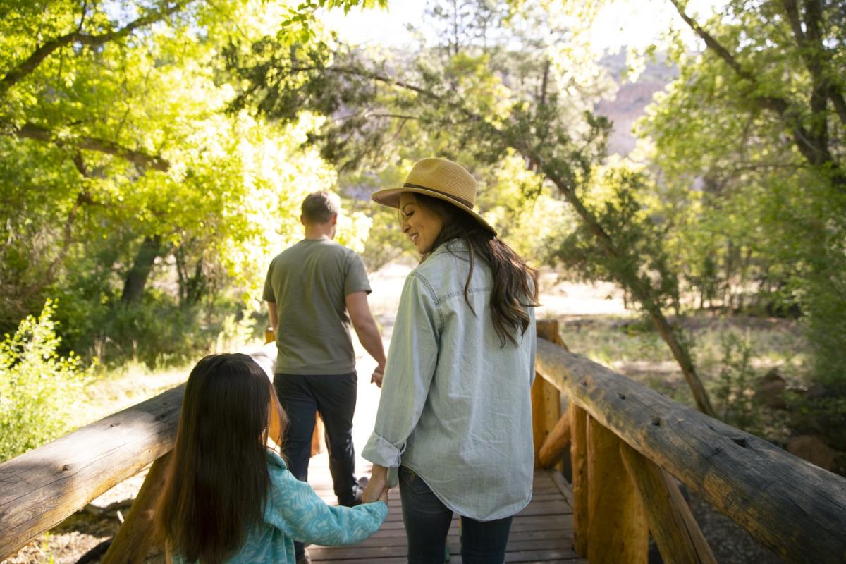 Family walking across bridge